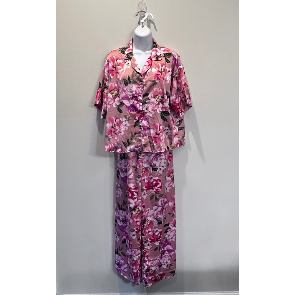 Joyspun Coral Castle Pajama Set Women L 14 Floral Print Pink Satin Button Up Top